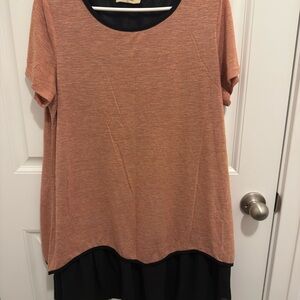 Timeson Womens XL Short Sleeve‎ Tunic Top Heather Coral Pink Black Layered Hem
